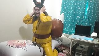 vinyl Suit Inflatable tail Dark-Skinned Fox Sissy Breathplay Hookup