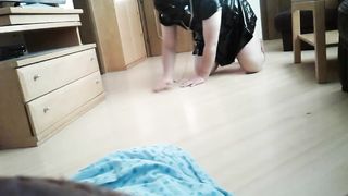 Sissy locked in mask rubber hood - despairingly looking for the key