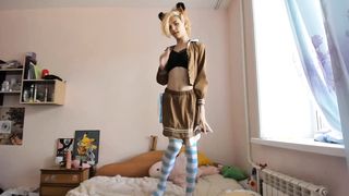 Adorable costume play femboy rails a fake penis and gulps his jizz