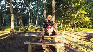 T-Girl In vinyl Gets Plowed By Machine On Picnic Table