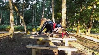 T-Girl In vinyl Gets Plowed By Machine On Picnic Table