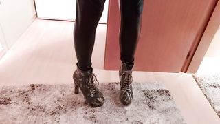 Crossdresser brief walk and taunt in High Stilettos