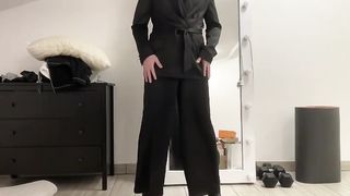 Satin silk jumpsuit and blazer jacket on sissy shemale fuckslut