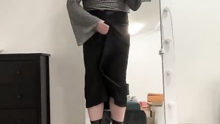 Office assistant flare half-top and satin silk micro-skirt fuckslut