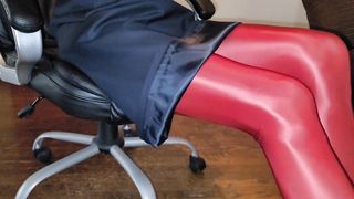 Blue lined office microskirt with crimson glossy stockings