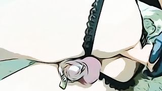 (Filtered) Sissy femboy plays with faux-cock and flashes off arse