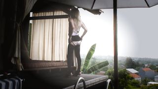 Super-Sexy Crossdresser Tawny in satin and spandex smoking outdoors, with catwalks, dancing and smacking rump in satin underpants