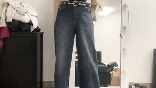 Office transgender princess in broad gam palazzo flared denim, t-shirt bod and whip jacket stroking to be taught to spunk in office