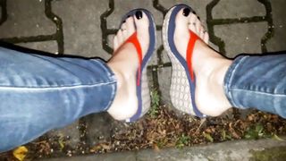 a night roam sans undies in taut denim and spin-flops