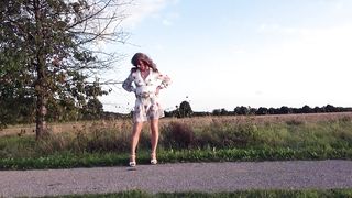 Brave Biking In Sheer Chiffon And Nylon Tights