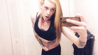 Pretty Tgirl in Stretch Pants Flashes Her Lil' Meatpipe