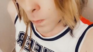 Super-Cute Cheerleader Deep Throats and Kneads her little knob