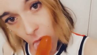 Super-Cute Cheerleader Deep Throats and Kneads her little knob