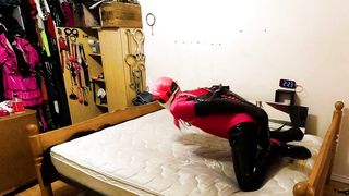 Self Restrain Bondage Armbinder Frog-Tie in vinyl Catsuit and Lycra Gimp Outfit with V-Card Belt and Faux-Cock Locked in Place