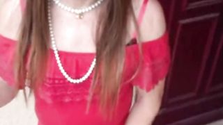 French Crossdresser Crimson railing fetish mask in high stilettos