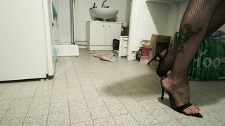 me in black high stilettos and black fishnet stocking and crimson grind toesnails