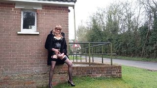Crossdressing Transgender Princess Tart Jacking and Drizzling Outdoors in vinyl