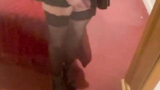 Motel black glossy sundress and high heel ankle shoes jism taunt