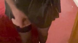 Motel black glossy sundress and high heel ankle shoes jism taunt