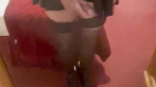 Motel black glossy sundress and high heel ankle shoes jism taunt