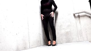 crossdresser urinate in semi-transparent jumpsuite