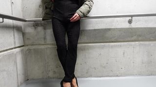 crossdresser urinate in semi-transparent jumpsuite