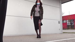 Splashed on the nylon gams and shown outside