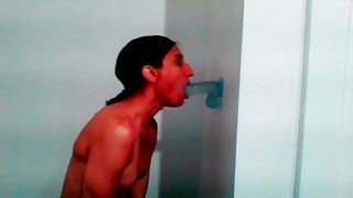 Smallish Tgirl Gargles Wall Climb On Faux-Cock Lovingly