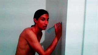 Smallish Tgirl Gargles Wall Climb On Faux-Cock Lovingly