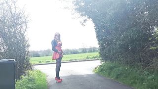 Crossdressing She-Creature Outdoors Peeing and Posing