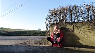 Crossdressing T-Model Biotch Frolicking By The Road