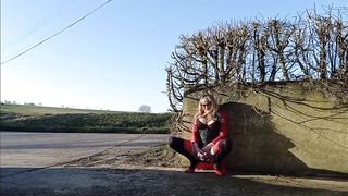 Crossdressing T-Model Biotch Frolicking By The Road