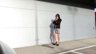 Crossdresser urinates in stockings in public