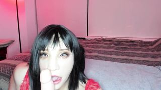 Lonely CD in crimson undergarments plumbs herself with her 8 inch fake penis