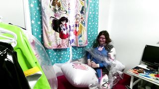 Dva zentai Plastic Raincoat Breathplay Inflatable Cushion Hook-Up and Electro-Hitachi