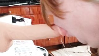 sissy Aleksa spunks and then slurps the man milk from the fake penis