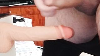 sissy Aleksa spunks and then slurps the man milk from the fake penis