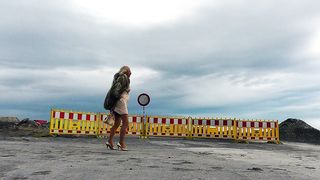 Jerking On A Windy Day - in wool, pleated satin gown and nylon stocking