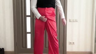 Sissy assistant in silk satin crimson broad gam pants, high high-heeled slippers and college office half-top waiting her wifey to be smashed