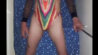 Trialing my fresh bathing suit in the douche and having trunk jerked by machine