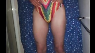 Trialing my fresh bathing suit in the douche and having trunk jerked by machine
