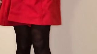 Ruby CD Dresses like a Call Girl in Crimson Coat Tights and High-Heeled Shoes