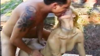 Young ash-blonde transgirl Claudia Hunter in crimson spandex jackboots luvs getting her caboose ravaged in the woods