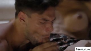 Big-Boobed TRANSSEXUAL eats and barebacks the bum of her man cleaner