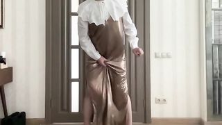 Gold satin long maxi sundress and white ruffled college office assistant half-shirt on trap sissy crossdresser dancing and jizm