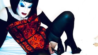 Sissy Cockslut in powerful make-up satisfies Father by pounding BIG BLACK COCK faux-cock