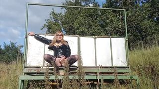 Crossdressing Gina Taking a Pee Down on the Farm