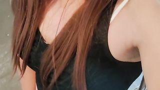 Sissy superslut Bess ambles outside her condo bottomless and almost gets caught