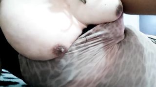 Transgirl milks with her puny manstick and flashes her monstrous inborn knockers