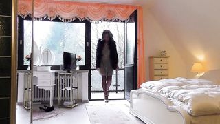 Frozen Jizz Shot - in a sheer pleated gown and nylon pantyhose